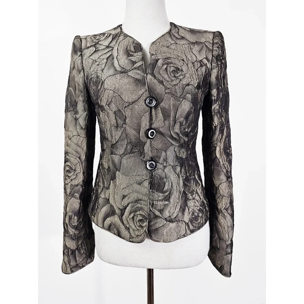 Armani Collezioni Size 2 Metallic Gray Floral Jacquard Evening Work Blazer VTG
